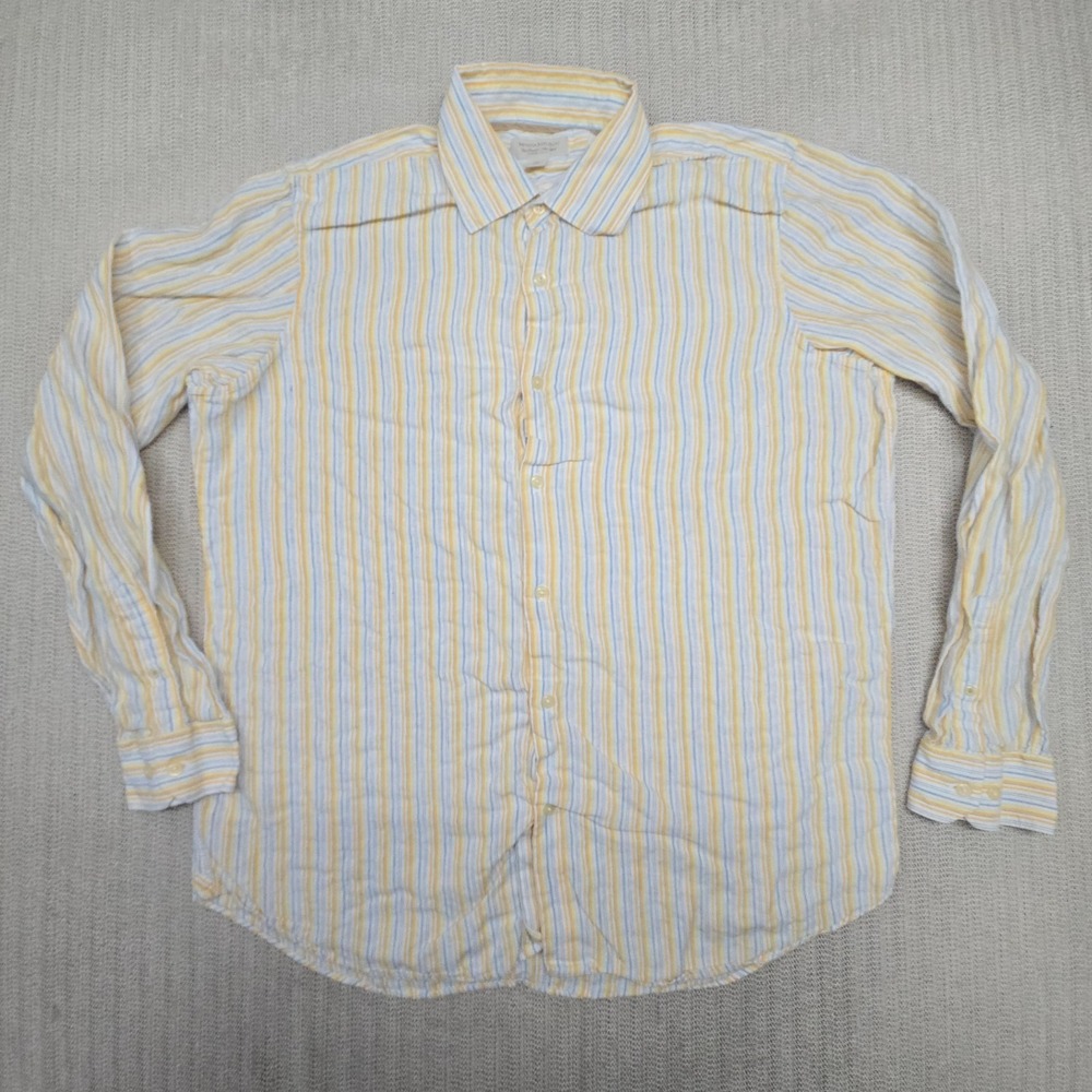 Banana Republic Shirt Mens XL Yellow Blue White Striped Linen Button Down Dress